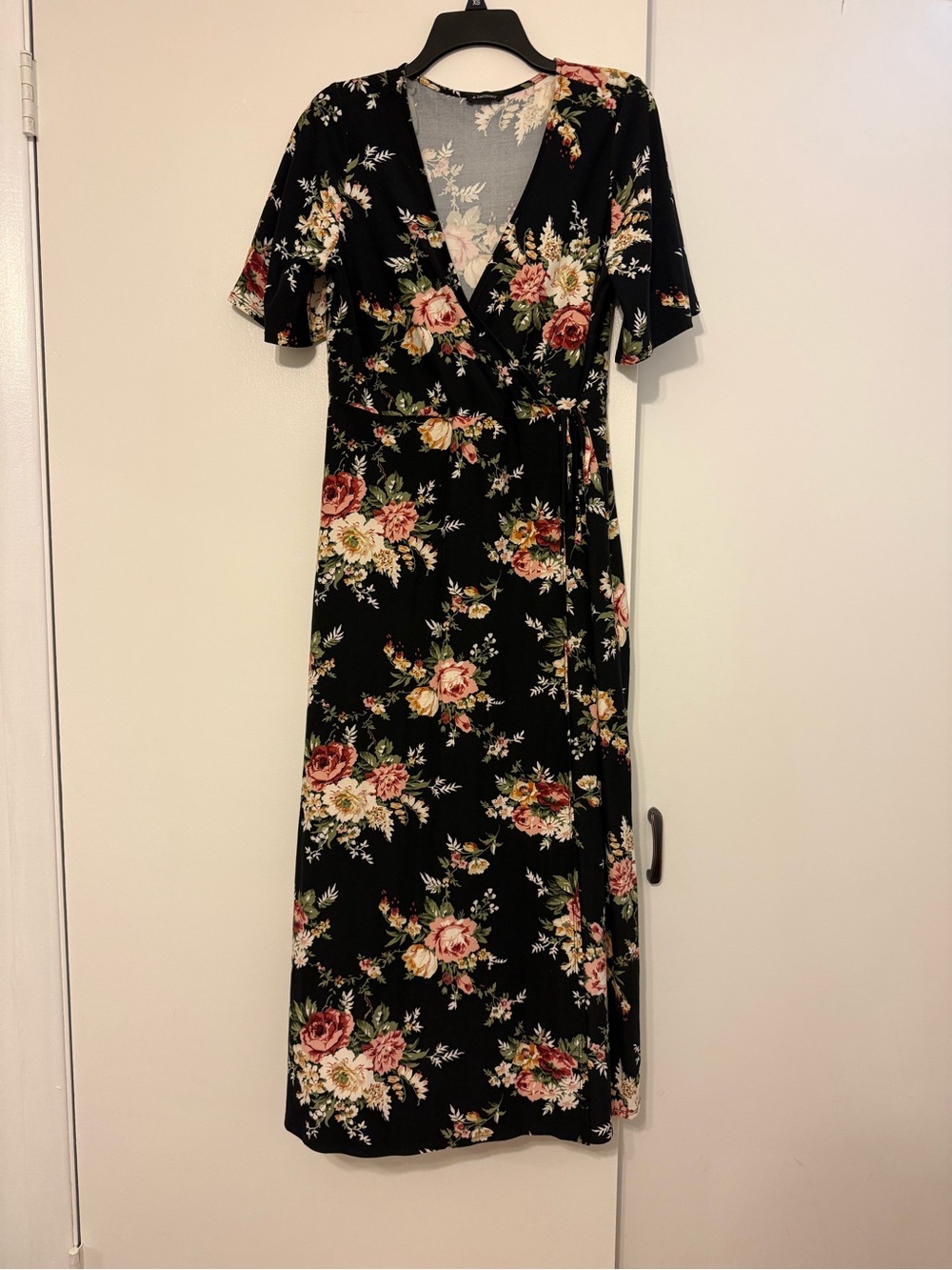 Black Floral Wrap Maxi Dress with Rose Accents